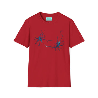 Red t-shirt featuring an illustration of two blue neurons extending toward each other and forming a synapse across the front.