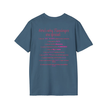 Back of an indigo blue unisex short-sleeve tee that proudly declares “Here’s why flamingos are special” above a list of 10 fun flamingo facts — because nothing says style like bird-based trivia on your back.