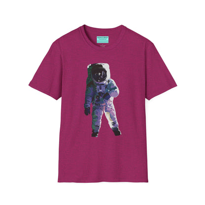 Fuscia t-shirt featuring a drawing of an astronaut in a space suit.