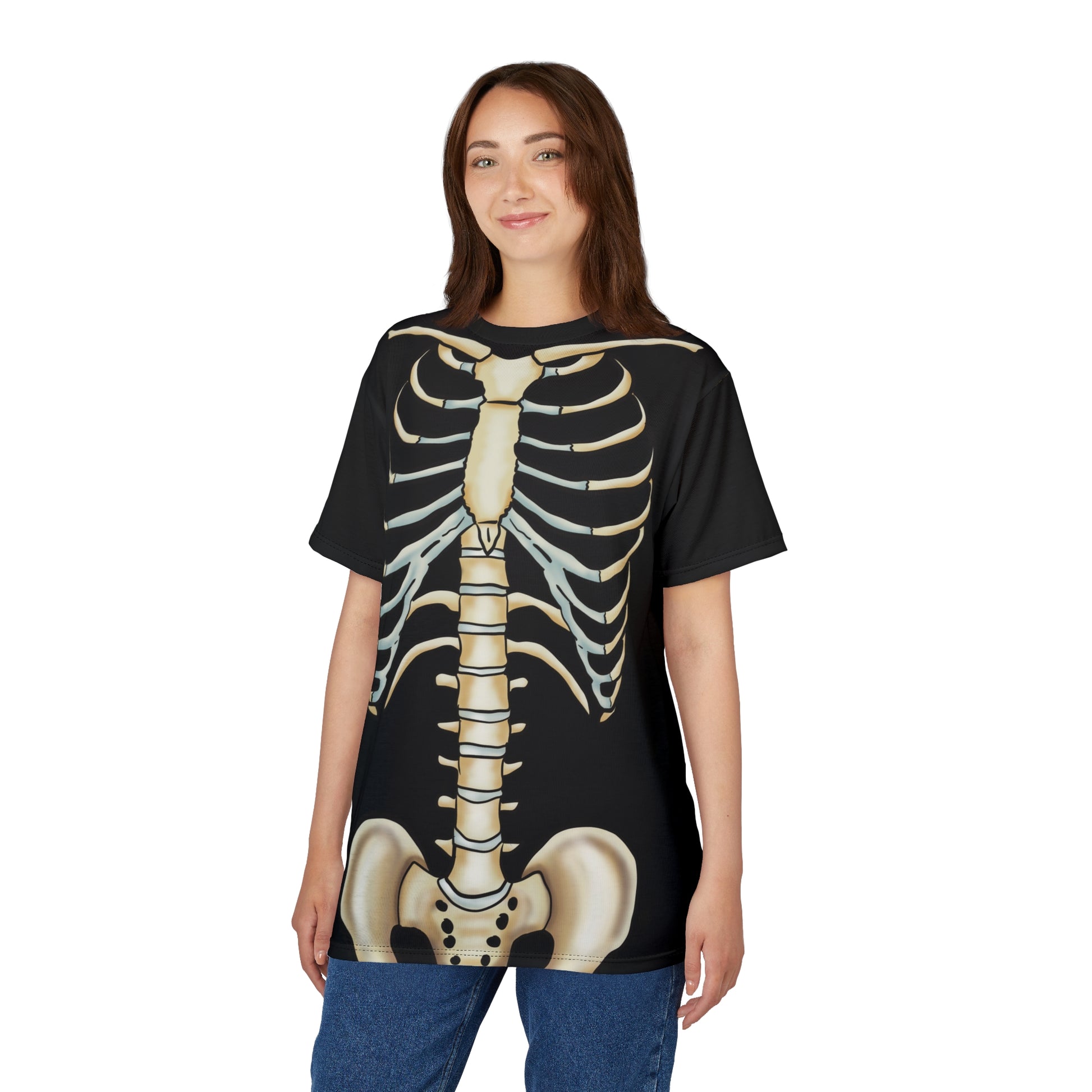 Anterior view of a woman wearing a unisex black athletic t-shirt with a detailed anatomical skeleton design that looks like an x-ray—perfect for when you want to flex your muscles and your inner structure.