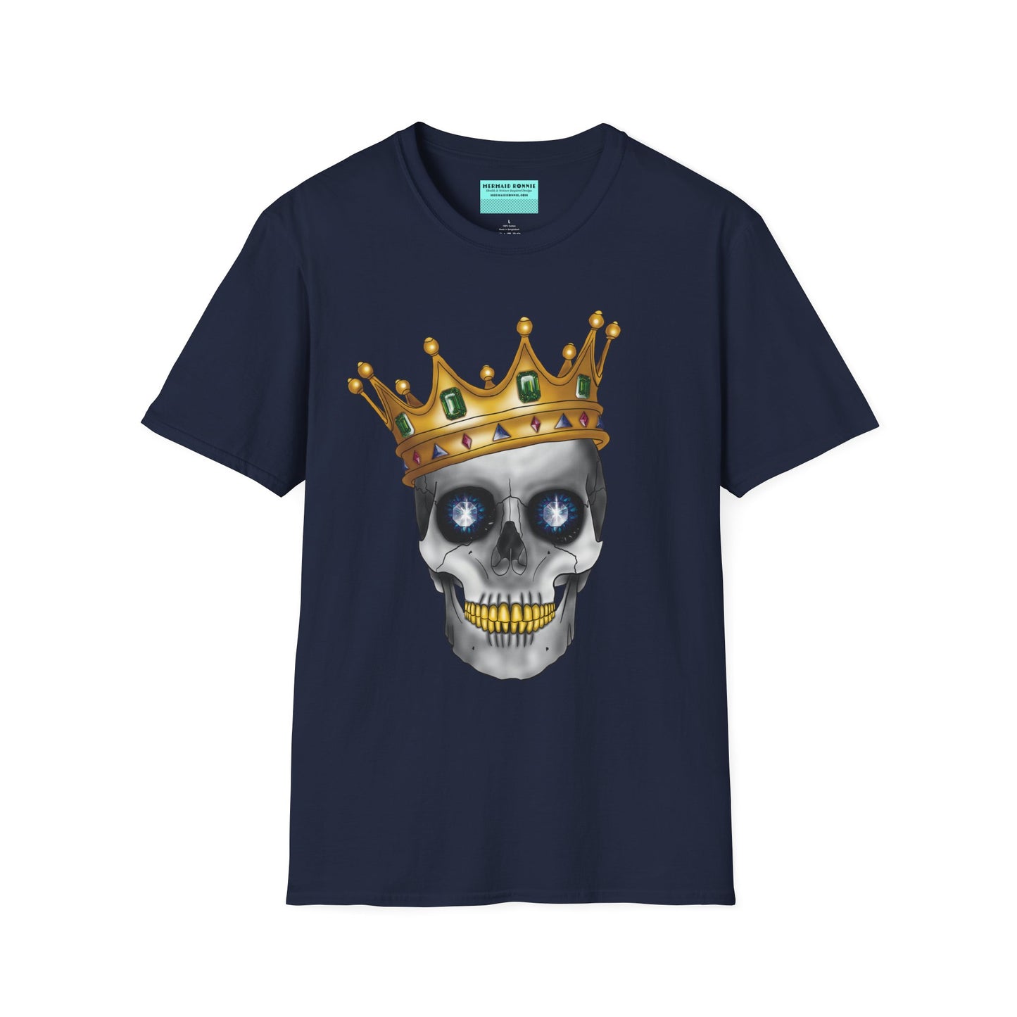Navy t-shirt featuring an anatomical skull wearing an ornate crown, with gold teeth, large sapphire gemstones in the eye sockets, and emeralds and rubies decorating the crown.