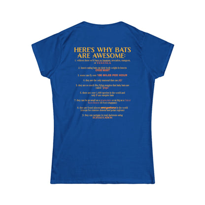 Back of a women’s t-shirt in royal blue, with the heading 'Here’s why bats are awesome' followed by a list of nine bat facts printed beneath it.