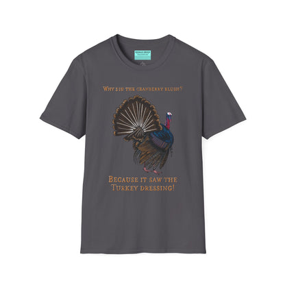 Dark grey Thanksgiving t-shirt featuring a picture of a turkey and the text 'Why did the cranberry blush? Because it saw the turkey dressing!