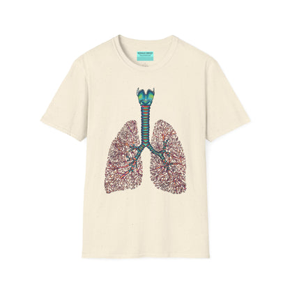 Beige t-shirt featuring an illustration of anatomical lungs, including the bronchi, trachea, and larynx.
