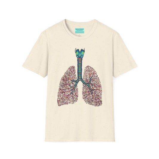 Beige t-shirt featuring an illustration of anatomical lungs, including the bronchi, trachea, and larynx.