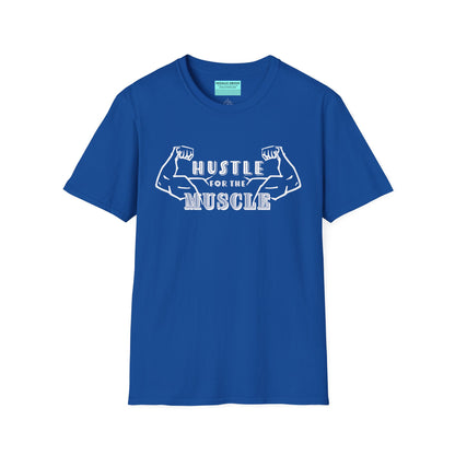 Royal blue unisex short sleeve t-shirt featuring a pair of flexed, muscle-bound arms and the bold text "Hustle for the Muscle"—because gains don’t come from wishes, they come from reps.