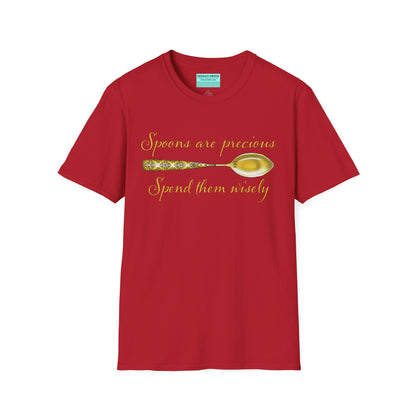 Red t-shirt featuring a picture of a gold spoon and the phrase 'Spoons are precious, spend them wisely.'