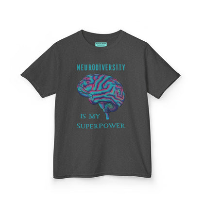 Dark grey unisex kids' t-shirt featuring a drawing of an anatomical brain and the text 'Neurodiversity is my superpower.'