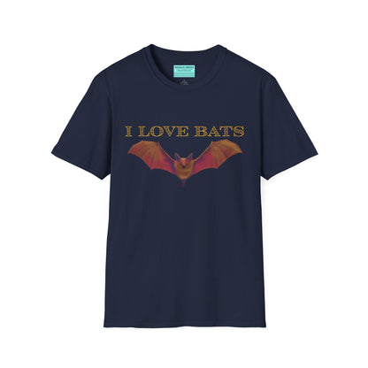 Navy t-shirt featuring an irresistibly adorable brown bat with outstretched wings across the chest and the text “I love bats” — perfect for anyone who’s batty about flying mammals.