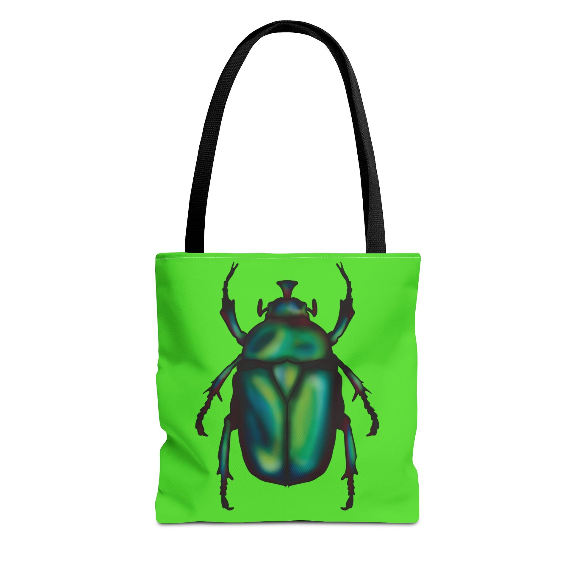 Lime green tote bag with a black handle featuring an illustration of a June bug (green chafer beetle).