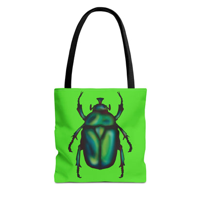 Lime green tote bag with a black handle featuring an illustration of a June bug (green chafer beetle).