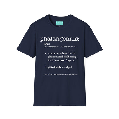 Navy t-shirt featuring a dictionary-style definition of the term 'Phalangenius,' a humorous play on the terms 'phalange' and 'genius,' aimed at surgeons.