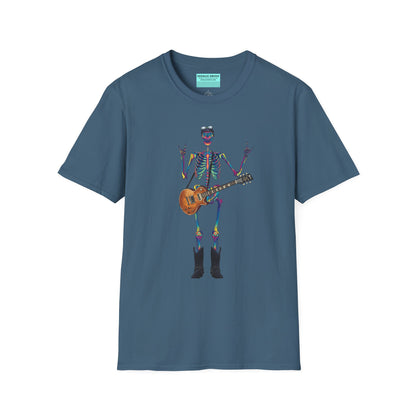 Indigo blue t-shirt featuring a tie-dye skeleton holding a guitar, dressed like a classic rocker with boots, a bandana, and rock-style clothing.
