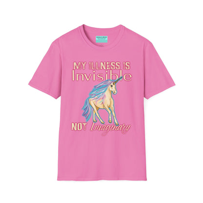 Pink shirt featuring a drawing of a unicorn and the phrase 'My illness is invisible not imaginary'.
