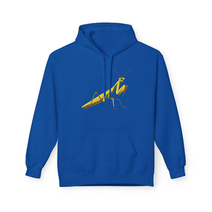 A royal blue unisex pullover hoodie featuring a striking illustration of a yellow and green praying mantis—because sometimes, you need to channel your inner insect warrior while staying cozy.