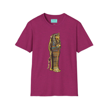 Magenta t-shirt featuring an illustration of an Egyptian sarcophagus, with a mummy stepping out of it and glowing red eyes.