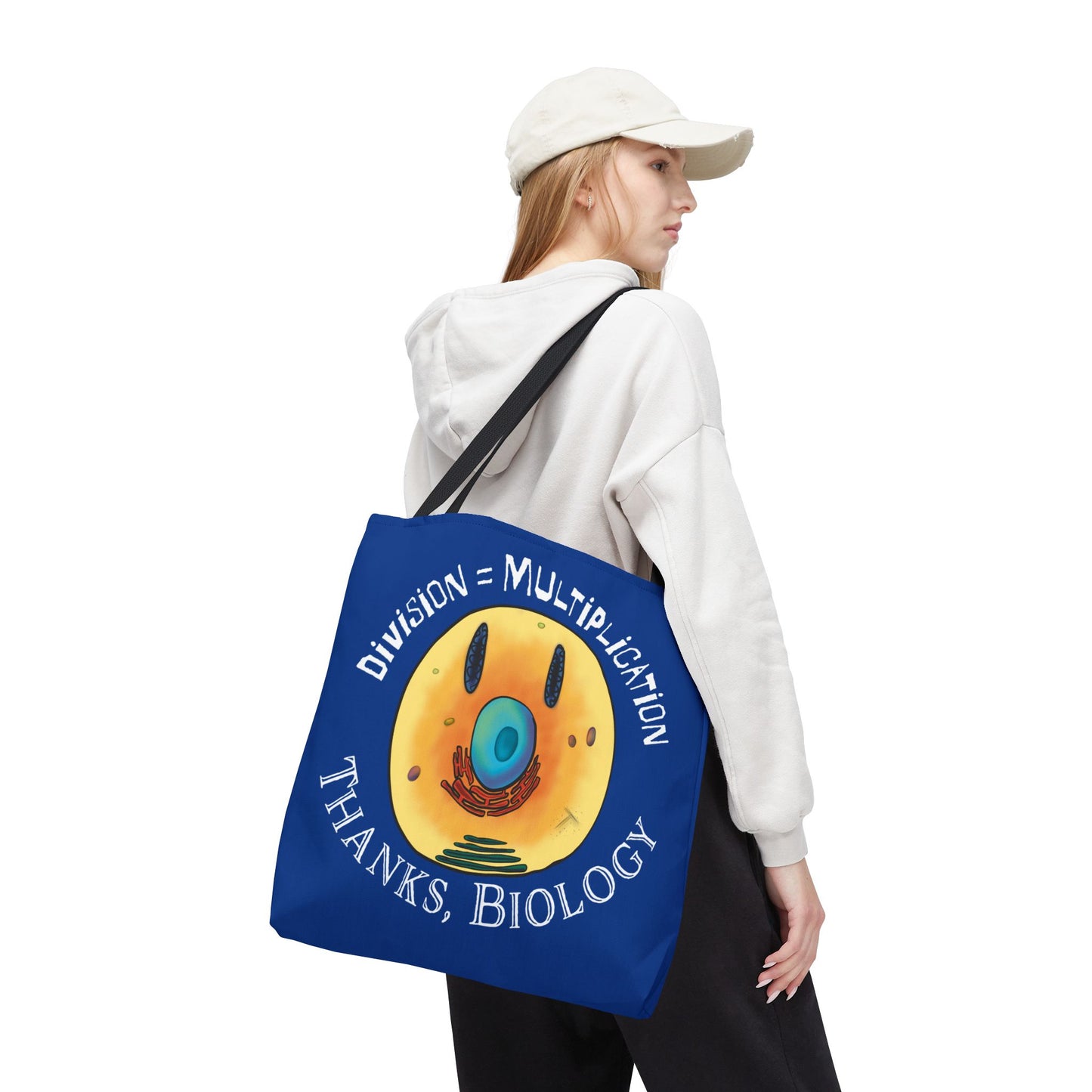 Biology Cell Division Tote Bag, Blue Canvas Bag with Smiley Face Cell, Funny Cell Bio Gift
