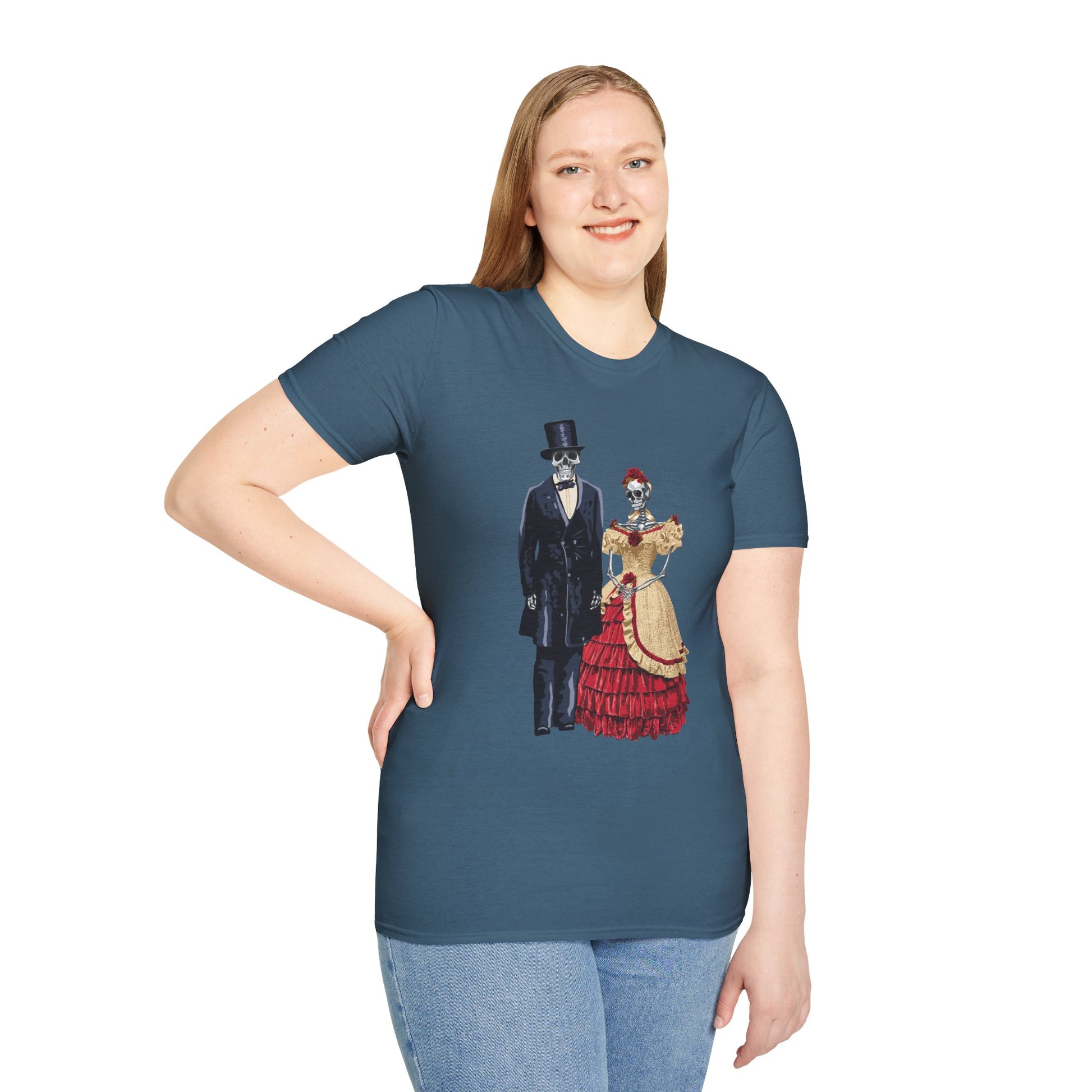 Woman wearing a blue t-shirt featuring skeletons dressed as Abraham and Mary Todd Lincoln, with the skeletons in period-appropriate attire.