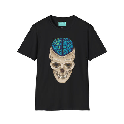 Black t-shirt featuring a drawing of an anatomical skull, with a brain emerging from the top.
