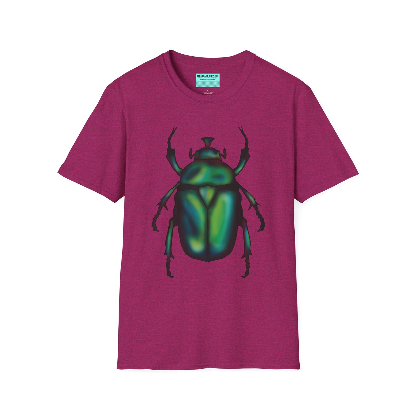 Fuscia t-shirt featuring an illustration of a June bug (green chafer beetle) across the chest.