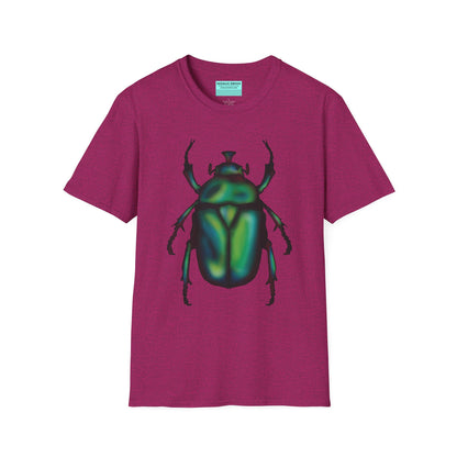 Fuscia t-shirt featuring an illustration of a June bug (green chafer beetle) across the chest.