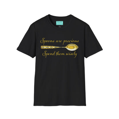 Black t-shirt featuring a picture of a gold spoon and the phrase 'Spoons are precious, spend them wisely.'