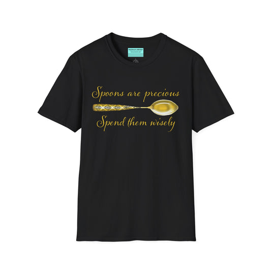 Black t-shirt featuring a picture of a gold spoon and the phrase 'Spoons are precious, spend them wisely.'