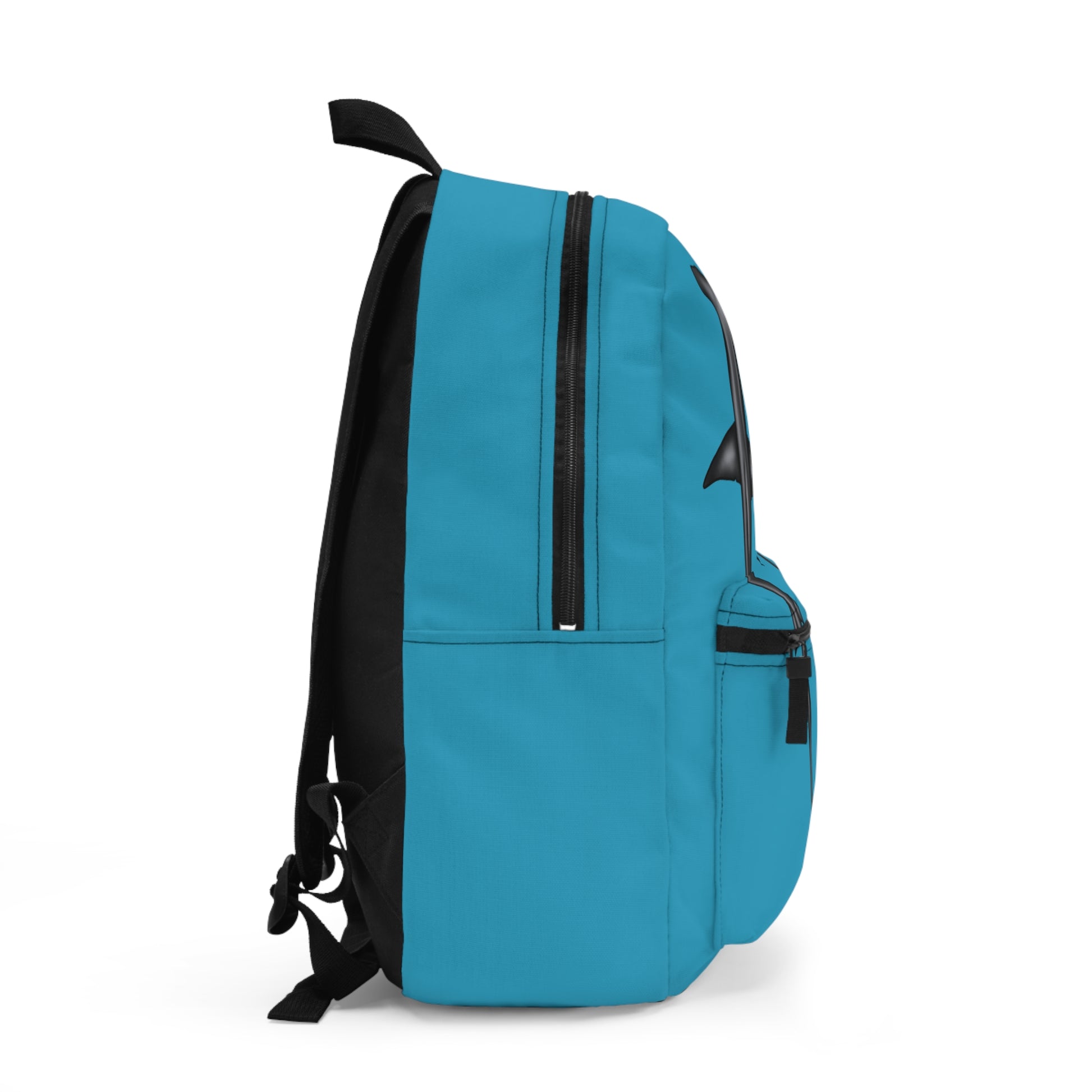 Right side of a turquoise blue backpack featuring a dynamic duo of hammerhead sharks gliding across the front—because nothing says "ready to tackle the day" like marine muscle and cartilaginous cool.