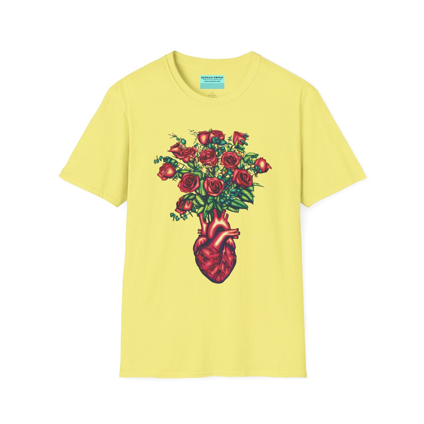 Yellow shirt featuring an illustration of an anatomical heart used as a vase, with a bouquet of roses emerging from it.
