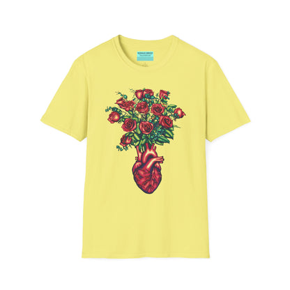 Yellow shirt featuring an illustration of an anatomical heart used as a vase, with a bouquet of roses emerging from it.