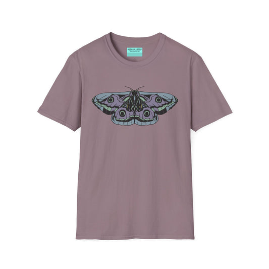 Light purple t-shirt featuring a drawing of a blue and purple moth.