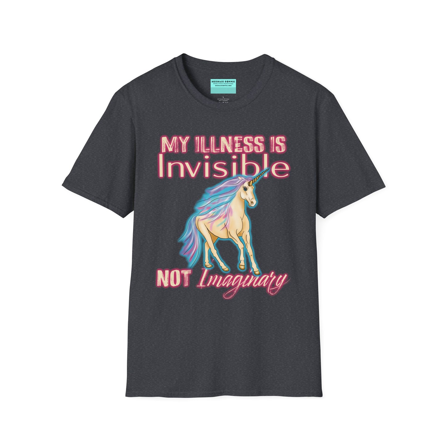Dark grey shirt featuring a drawing of a unicorn and the phrase 'My illness is invisible not imaginary'.