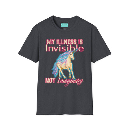 Dark grey shirt featuring a drawing of a unicorn and the phrase 'My illness is invisible not imaginary'.