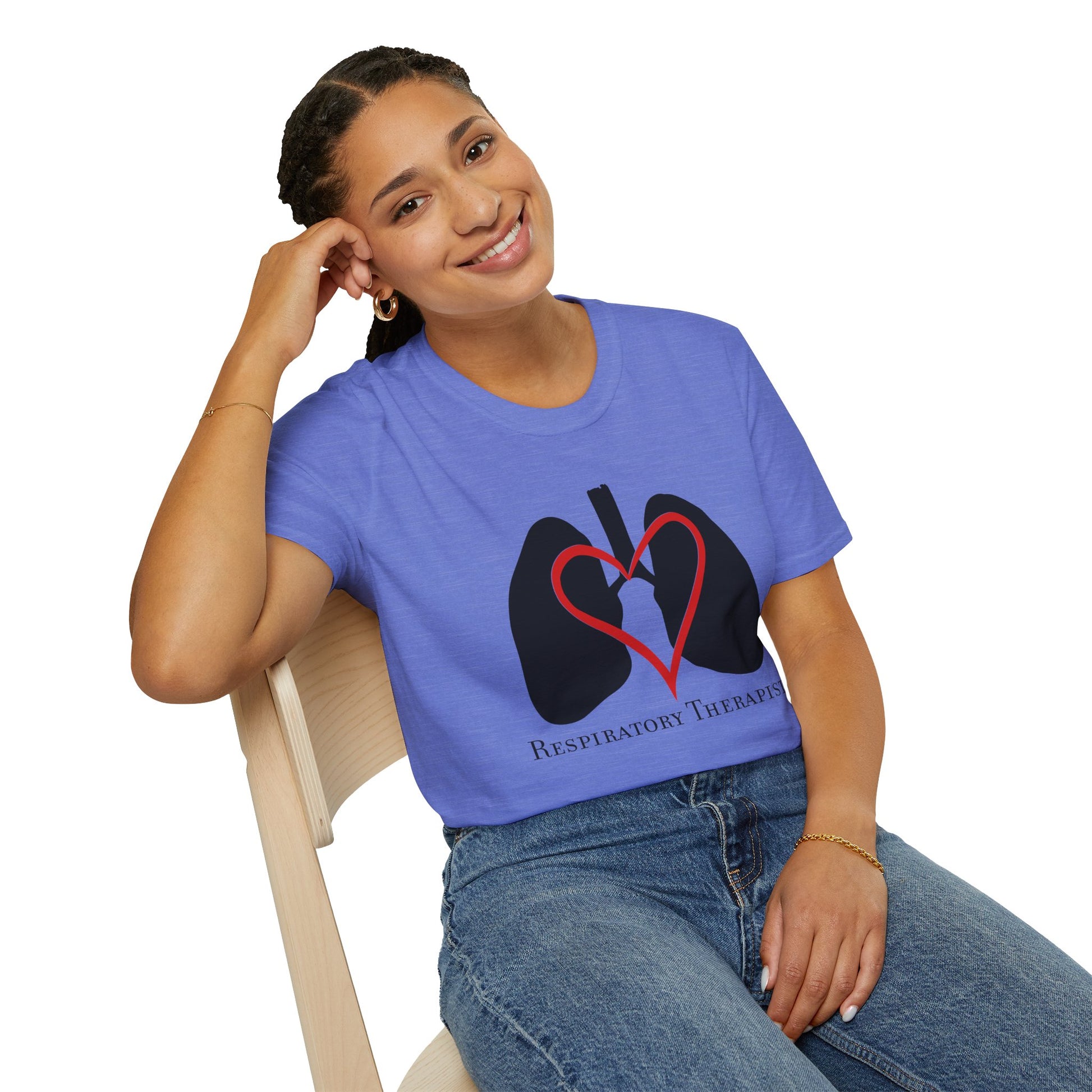 Woman wearing a blue unisex short sleeve t-shirt with a graphic illustration of a heart and lungs; the words "respiratory therapist" are printed below the design.