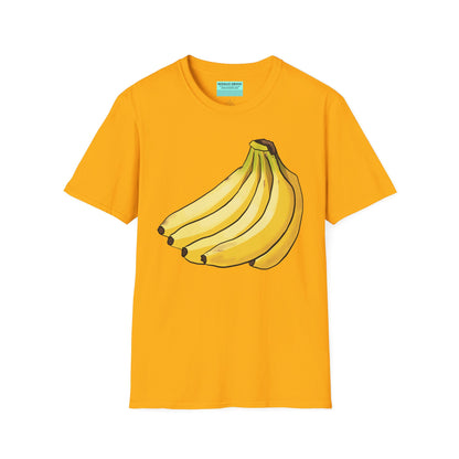 Yellow t-shirt featuring an illustration of a bunch of bananas.
