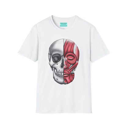 White shirt featuring an anatomically correct skull illustration, with half of the skull covered by facial muscles.