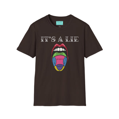Brown short-sleeve unisex t-shirt featuring a classic tongue taste map with the words “It’s a lie” boldly above it—busting the myth that different parts of your tongue taste different things. Sweet, salty, sour, bitter? Taste buds don’t discriminate!
