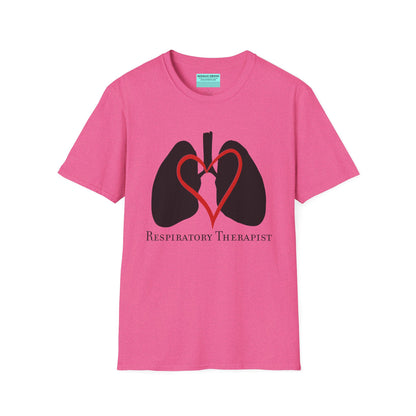Dark pink unisex short sleeve t-shirt with a graphic illustration of a heart and lungs; the words "respiratory therapist" are printed below the design.
