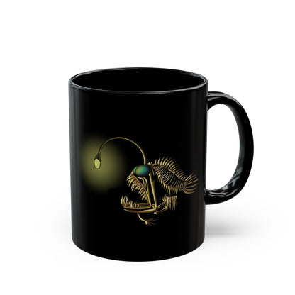 Angler Fish Skeleton Mug: Glowing Bioluminescent Lure Black Ceramic Coffee Mug