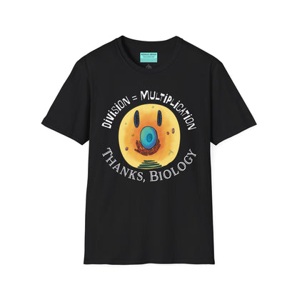 Black t-shirt featuring an illustration of a cell, with cellular organelles arranged to create a smiley face. The text 'Division = Multiplication. Thanks, Biology' is displayed surrounding the image.