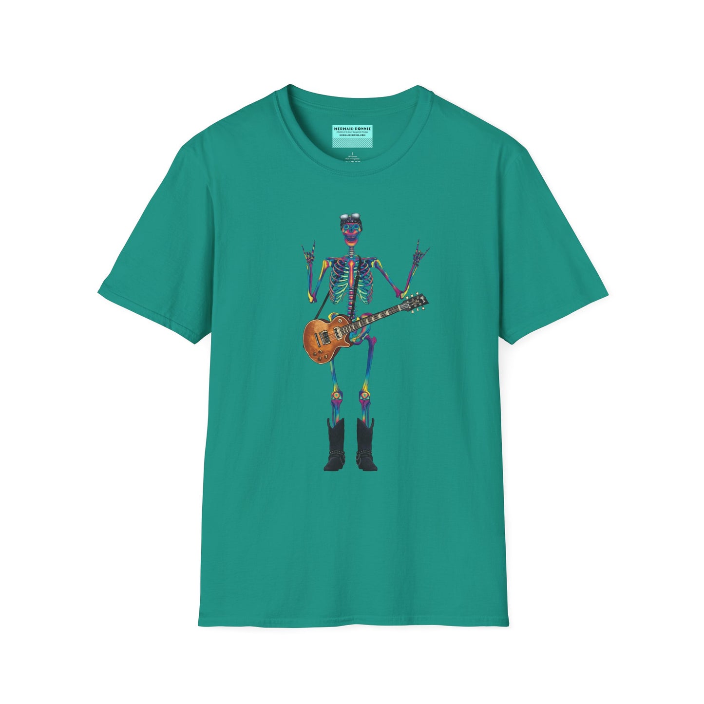 Blue green t-shirt featuring a tie-dye skeleton holding a guitar, dressed like a classic rocker with boots, a bandana, and rock-style clothing.