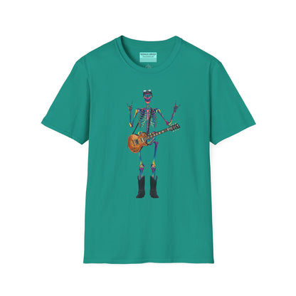 Blue green t-shirt featuring a tie-dye skeleton holding a guitar, dressed like a classic rocker with boots, a bandana, and rock-style clothing.