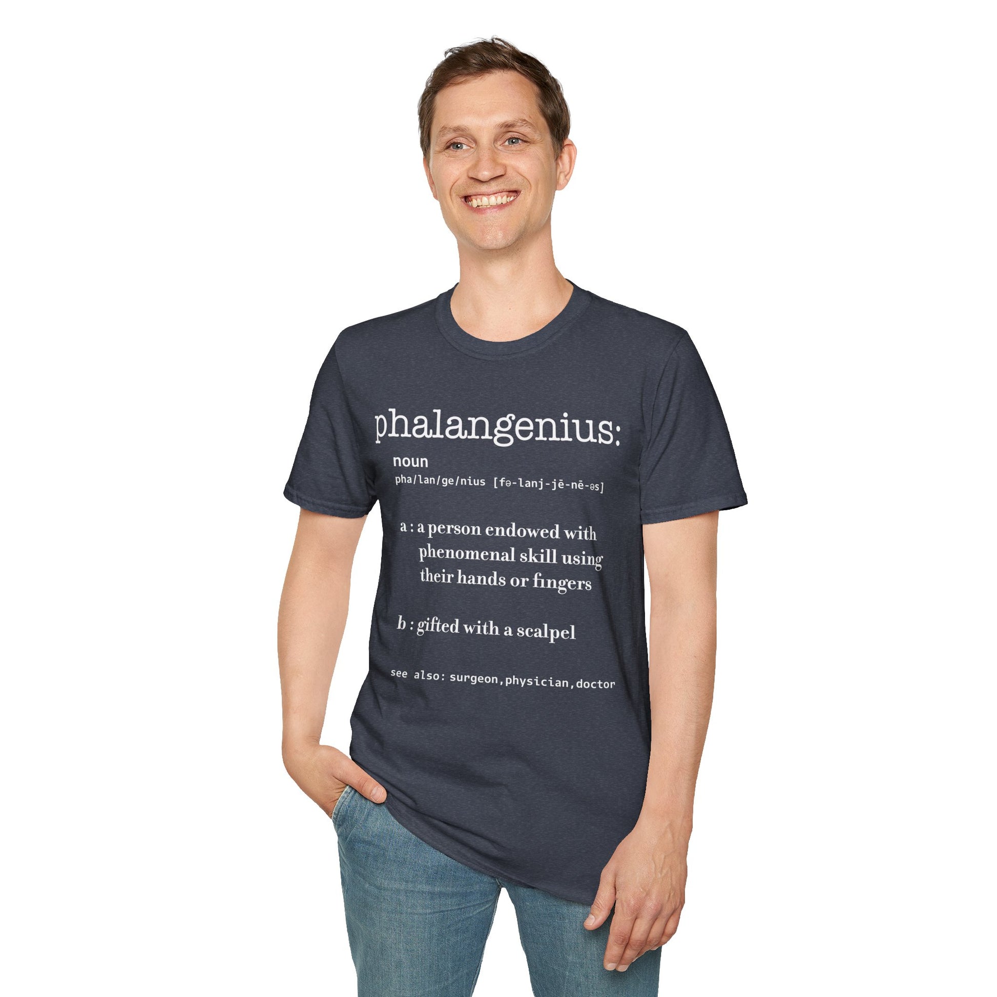 Man wearing a dark grey t-shirt featuring a dictionary-style definition of the term 'Phalangenius,' a humorous play on the terms 'phalange' and 'genius,' aimed at surgeons.