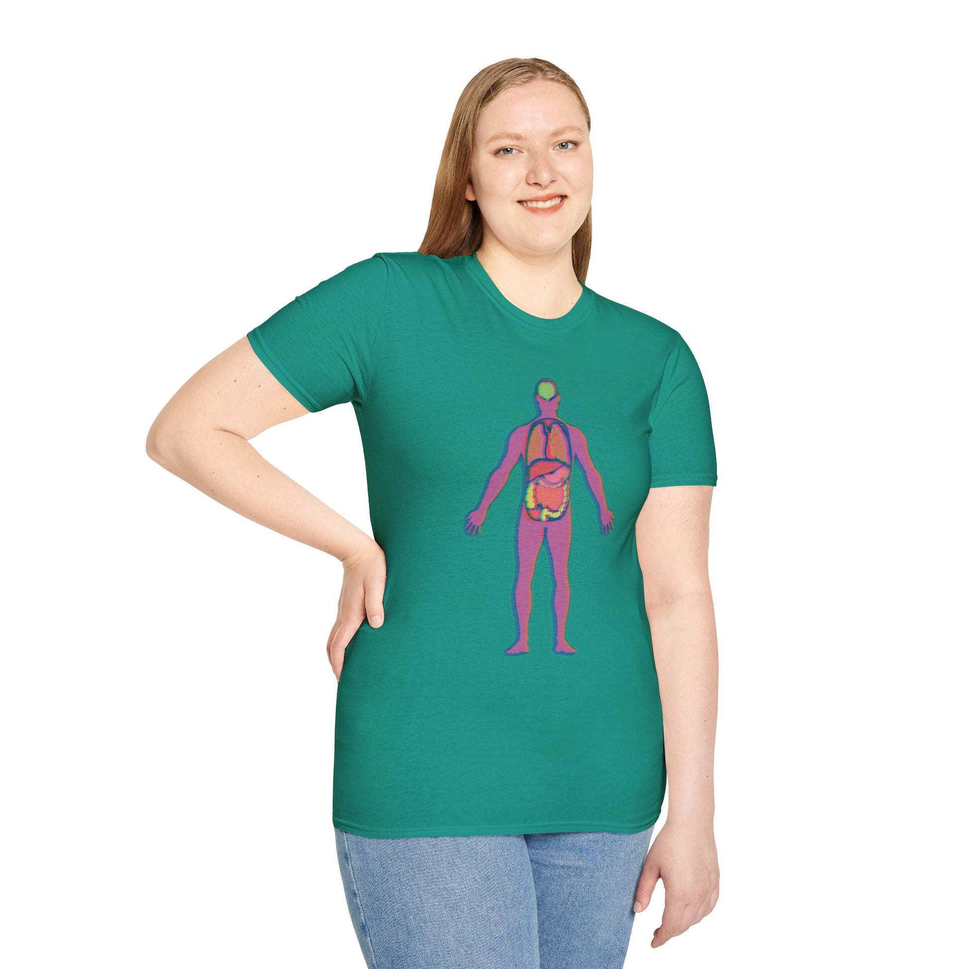 Woman wearing a green t-shirt featuring an illustration of an anatomical figure with internal organs shown in different colors.