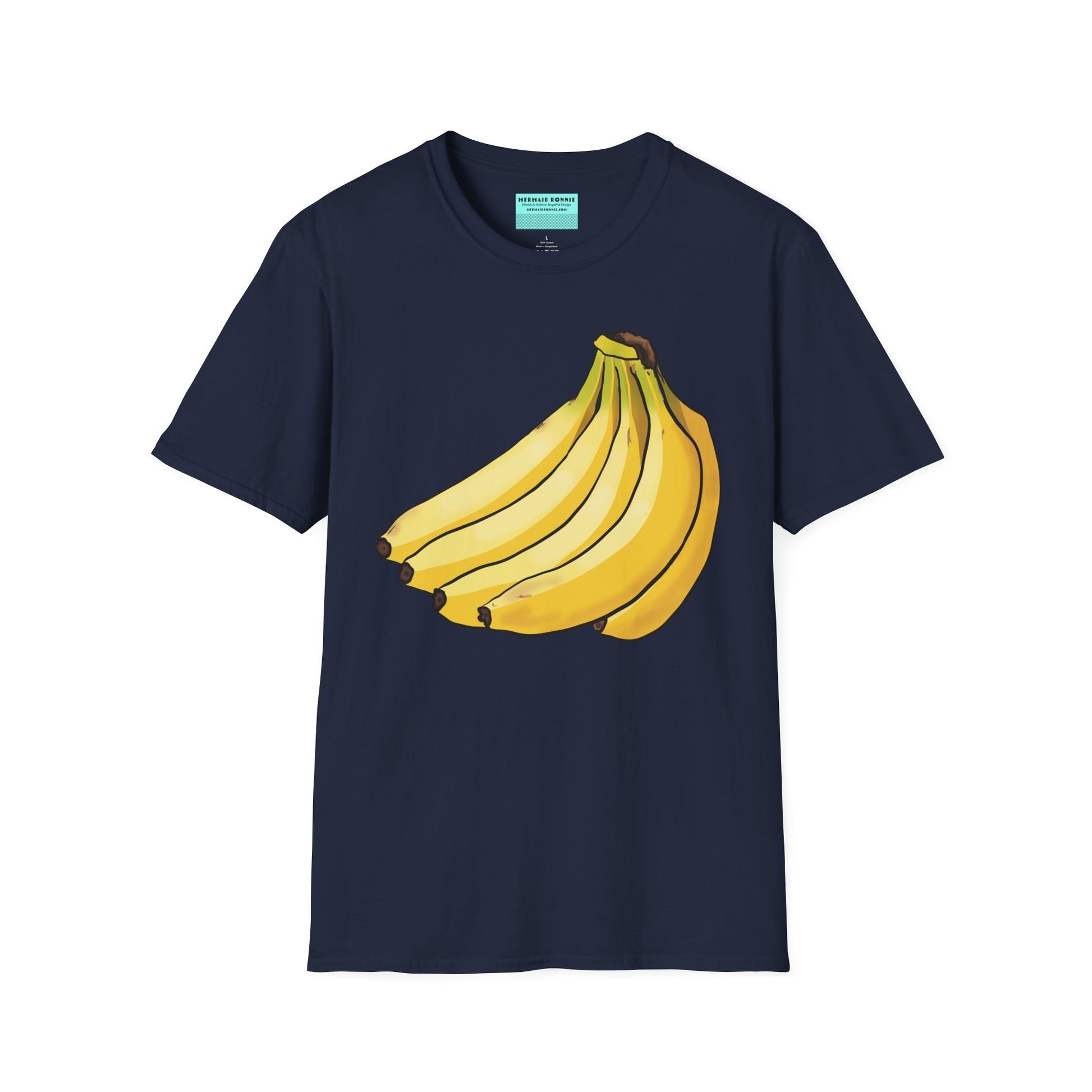 Navy t-shirt featuring an illustration of a bunch of bananas.