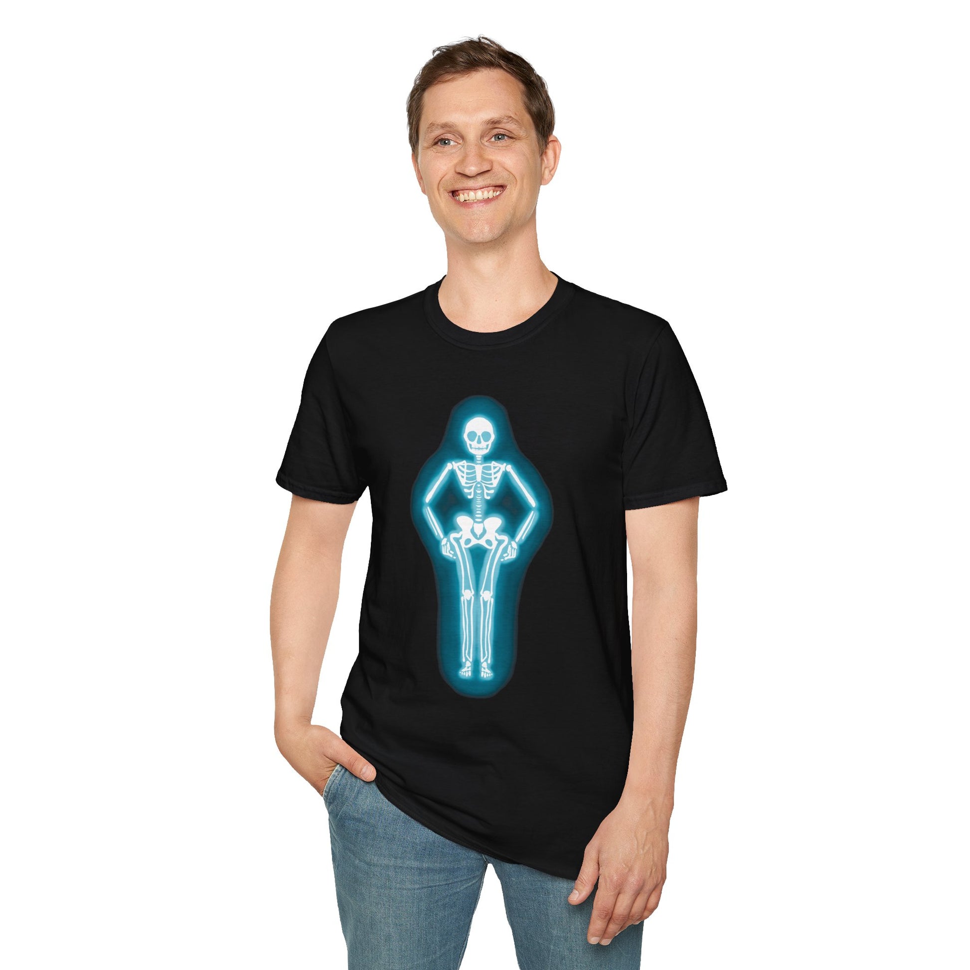 Man wearing a black t-shirt featuring an illustration of a glowing neon sign in the shape of a skeleton.