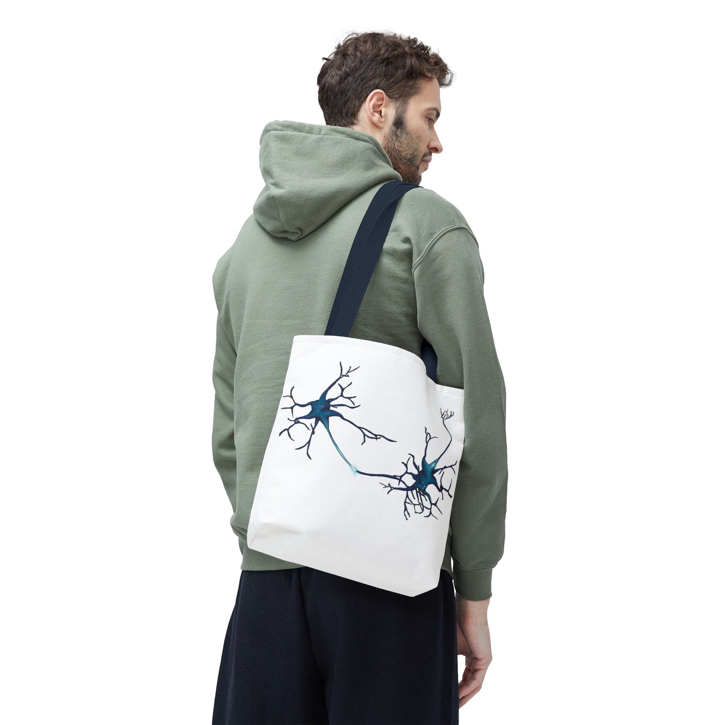Neuron Tote Bag with Navy Blue Handles, White Bag with Brain Cell Illustration, Anatomy Gift