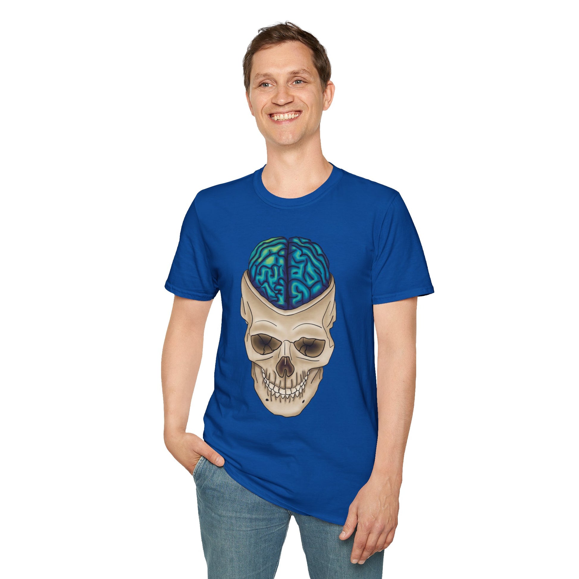 Man wearing a blue t-shirt featuring a drawing of an anatomical skull, with a brain emerging from the top.