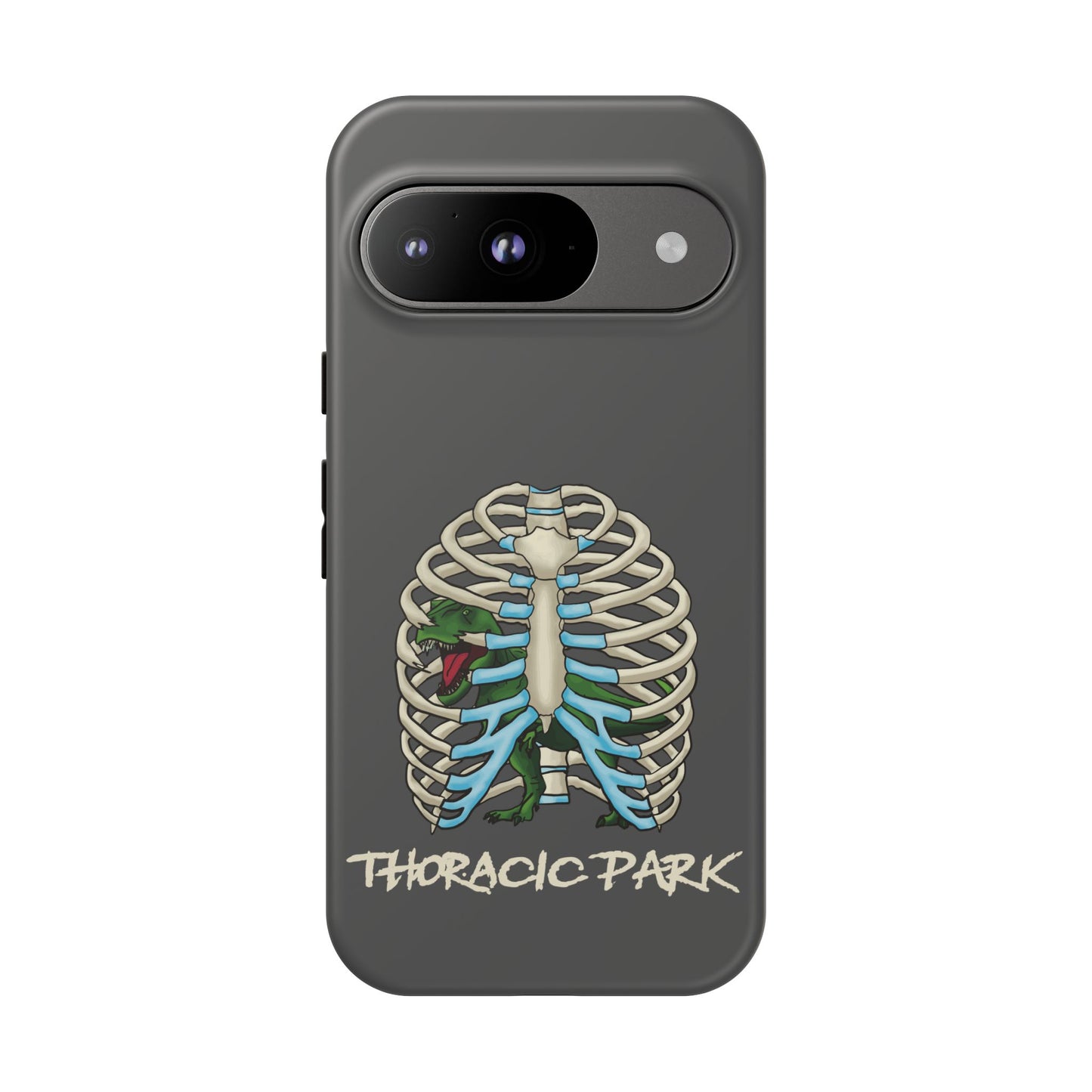 Thoracic Park Phone Case, Dinosaur In Rib Cage Anatomy Pun, Grey Protective Cover for iPhone, Google Pixel, Samsung Galaxy
