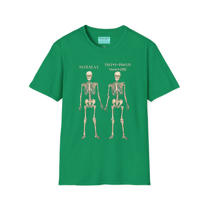 Green unisex short sleeve t-shirt featuring two skeletons side by side—one labeled "normal," the other "Ehlers-Danlos Syndrome"—because connective tissue disorders deserve more visibility (and maybe a sense of humor, too).